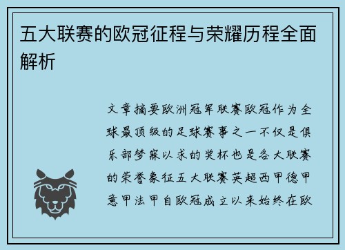 五大联赛的欧冠征程与荣耀历程全面解析