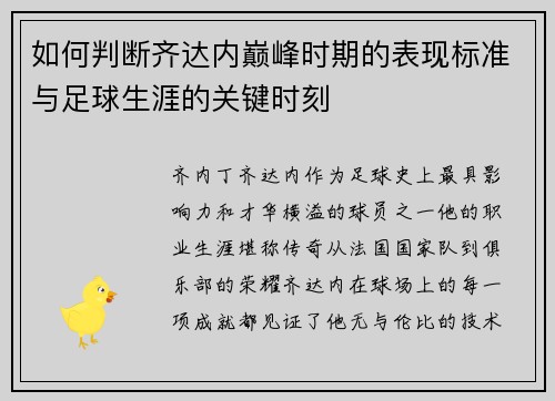 如何判断齐达内巅峰时期的表现标准与足球生涯的关键时刻