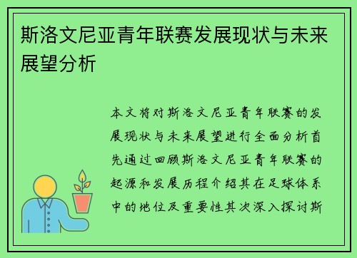 斯洛文尼亚青年联赛发展现状与未来展望分析