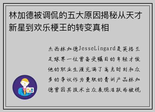 林加德被调侃的五大原因揭秘从天才新星到欢乐梗王的转变真相