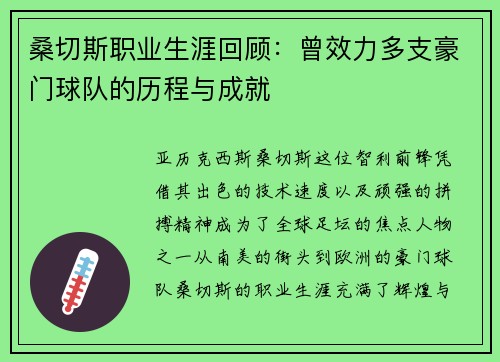 桑切斯职业生涯回顾：曾效力多支豪门球队的历程与成就