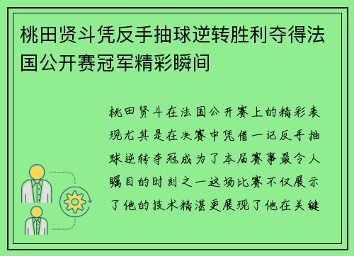 桃田贤斗凭反手抽球逆转胜利夺得法国公开赛冠军精彩瞬间